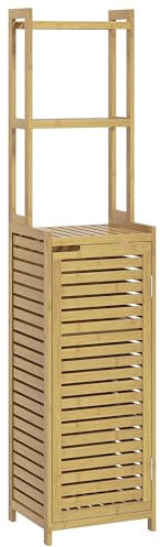 HOMCOM Badezimmerschrank aus Bambus Badschrank mit Schrankfach, Toilettenschrank mit 3 Offen Fächern, Kippschutz, für Bad, Naturholz, 38,5 x 33 x 170 cm