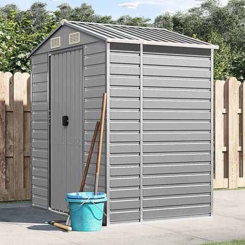 KOIECETA Gerätehaus Gartenhaus mit Schrägdach Griffe Gartenschuppen Schuppen mit Stauraum Geräteschuppen Metallschuppen Verzinkter Stahl Hellgrau 191x130x198 cm
