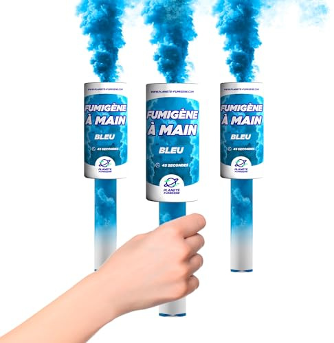 Planète Fumigène Fumigène Torche Main Bleu 45 sec Mèche Lot de 3 T1 | Fumée Bleue Intense 45 Secondes, Déclenchement Mèche Facile, Catégorie T1 Certifiée, Usage Main ou Sol, Extérieur Événements