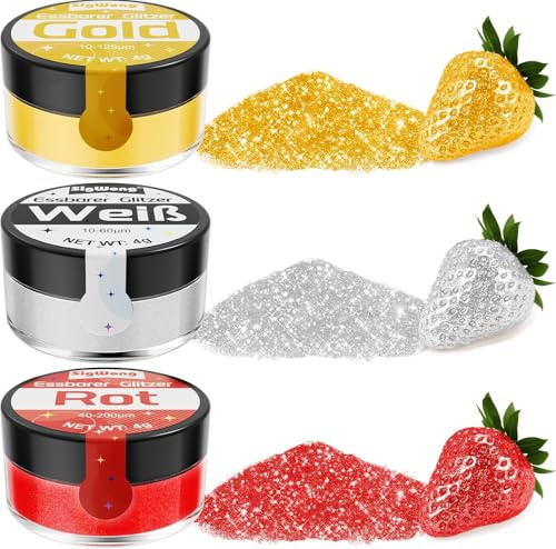 Essbares Glitzer Set - 3x4g Essbarer Glitzer für Getränke Torten, Lebensmittelfarbe Pulver für Schokolade, Cocktail, Drinks, Fondant, Flüssigkeiten-Rot, Weiß, Gold