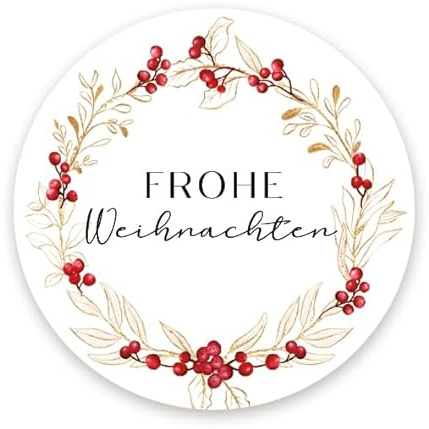 Weihnachtsaufkleber Frohe Weihnachten, 200 Stück: Aufkleber-Rolle, Hochwertige Weihnachtssticker Kranz Selbstklebend, Kleine Sticker Rund, Geschenkaufkleber weihnachtlich Ø 4 cm