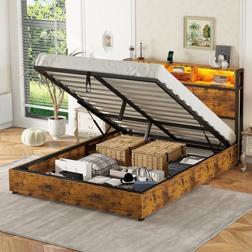 Hydraulisches Bett 140x200 Bettrahmen Metallbett Doppelbett mit Großem Stauraum Bettkasten und Lattenrost, LED Kopfteil mit USB Ladefunktion und Staufach, Modern Jugendbett Gästebett Bettgestell Braun
