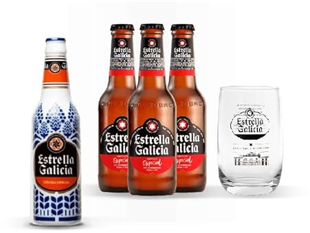 Bigcrafters - Pack cerveza Estrella Galicia, botella de Sargadelos y vasos de caña - Pack de 24 botellas Estrella Galicia de 25cl, una botella de Sargadelos y 6 vasos de caña de Estrella Galicia