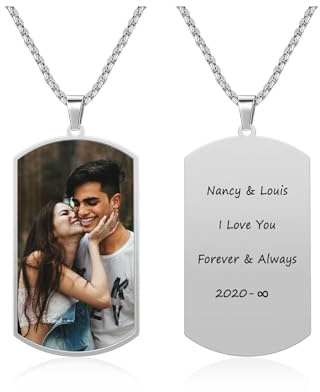 JSDDE Personalisiert Kette mit Foto Text Kalender Gravur Kette mit Bild ID Tag Memorial Anhänger Halskette personalisiertes Geschenk für Damen Herren