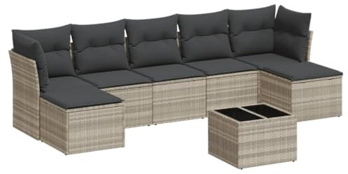 vidaXL Garten Sofagarnitur mit Kissen 8-TLG., Gartenmöbel Gartengarnitur, Sitzgruppe Sitzgarnitur, Lounge Sofa Garnitur Terrasse, Hellgrau Poly Rattan