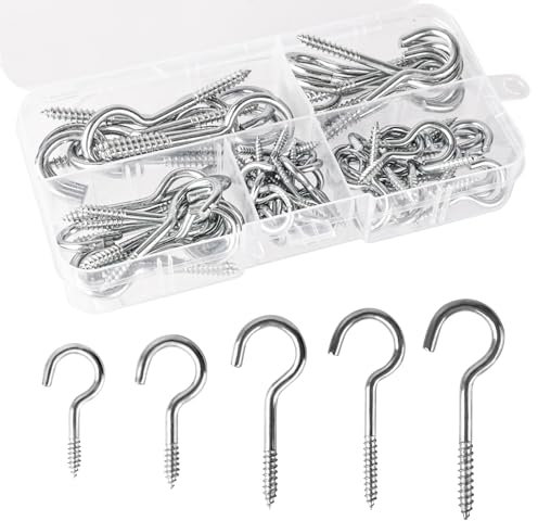 75 Piezas anchos Pequeños con Tornillos,Ganchos para Tazas de Techo Plata,Ganchos con Tornillos de Varios Tamaños,Ganchos de Rosca de Copa Madera,Ganchos de Metal,Ganchos para Atornillar