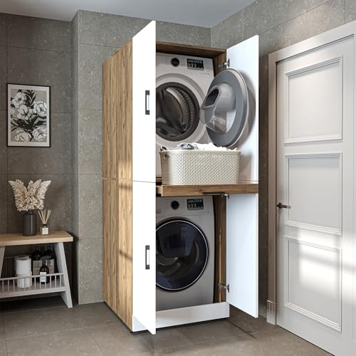 ROOMART Dora - Armoire pour sèche-linge et lave-linge, en 4 couleurs, avec portes et plateau coulissant (Chêne Blanc)