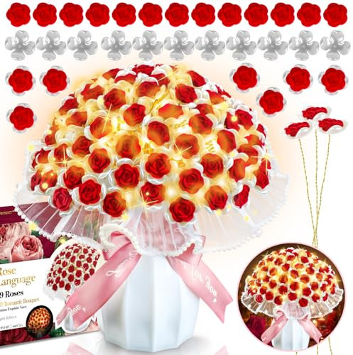 Valentines DIY Craft Roses Bouquet, 99 Pack Artificial Flowers Flocked Rose Glitter Bouquet Kit with Plastic Vase, Romantic Valentine's Day Decorations Handmade Gift for Her Him Anniversary Wedding