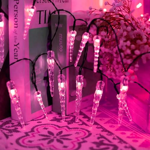 SUAVER Solar Lichterkette Aussen, Wasserdichte Solar LED Eiszapfen Vorhang Lichter 30 LED Solar Weihnachtsbeleuchtung mit 8 Beleuchtungsmodi Deko für Balkon,Garten,Hochzeit (Pink)