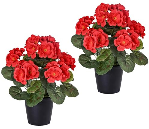 Marooma Piante in Vaso di Geranio, 2 Pezzi Piante di Fiori Finti Artificiali, Fiori di Seta di Geranio Finto con Vaso, Piante da Esterno Finte per Tavolo da Vaso per Patio (A)