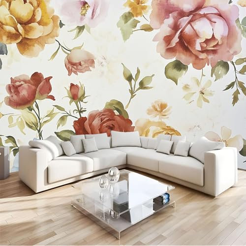 JEDTAKCT Papier Peint Panoramique Pivoine Rétro Mural, Esthétique Des Années 70 Poster Grandt Mural 3D Pour Salon, Chambre D'Enfants, 400X280Cm Décoration Murale Fresque