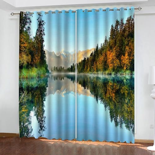 Bishilin Vorhänge Blickdicht mit Ösen 2 Set 214x274CM, Verdunklungsvorhänge Berge See und Wald Natur Gardinen Verdunkelnd Wohnzimmer Jugendzimmer Schlafzimmer
