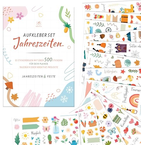 BIROYAL 12 Blätter Jahreszeiten Sticker Set, über 500 Aufkleber Pastell | Scrapbook Sticker für Fotoalbum Bullet Journal Zubehör Deko, DIY Aufkleber für Kinder Erwachsene Basteln Geschenke, 17 x 24cm
