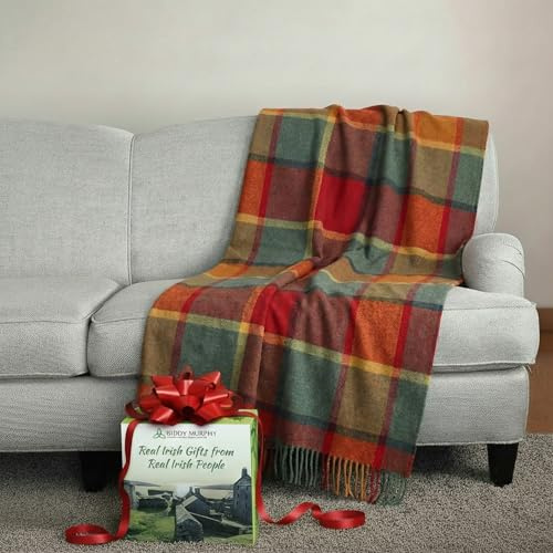 Biddy Murphy 100% Irish Wool Plaid Throw Blanket — Soft Warm Heirloom Quality, Made in Ireland, 54 x 71, Orange Green Yellow Wine