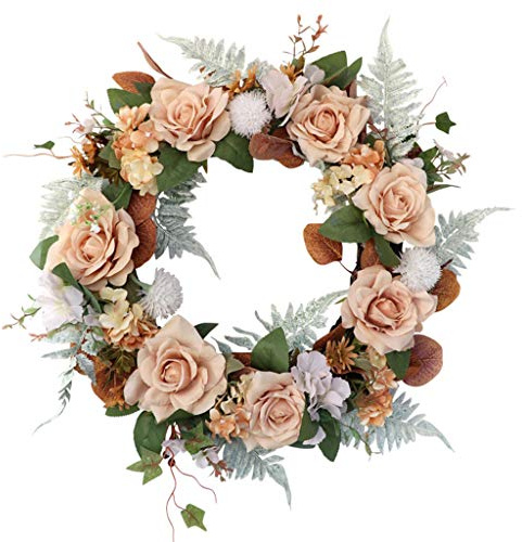 Couronne de roses artificielles d'hortensia - Couronne de printemps - Tulipe florale à longues feuilles pour porte d'entrée, guirlande à suspendre pour intérieur ou extérieur, maison, mariage, fenêtre