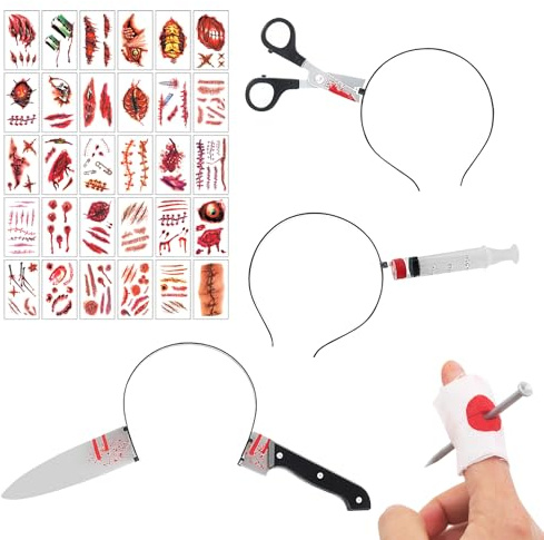 YCICHE Halloween Haarreif Set, 4 Stück Halloween Messer im Kopf, mit Blut Horror Kopfbedeckung, Schere Spritze Messer im Kopf, mit 30 Narben Tattoos, für Karneval Cosplay Party Kostüm Accessoire