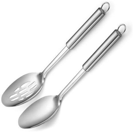 Large Stainless Steel Cooking Spoons Set - Slotted Serving Spoon, Mixing & Stirring Utensils, Durable for Home Kitchen & Restaurant Use
