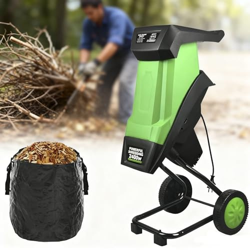 Biotrituratore elettrico da giardino, trituratore for legno da 2400W, cippatore con sacco di raccolta da 50 litri,trituratore for foglie, for rami for detriti da giardino, foglie e rami