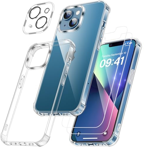 FLLAO 4 in 1 für iPhone 13 Mini Hülle, Durchsichtig | 2 Schutzfolie und 1 KameraSchutz, Integriertes Luftkissen, Stoßfest Kratzfest Weich TPU Handyhülle, Transparent Schutzhülle