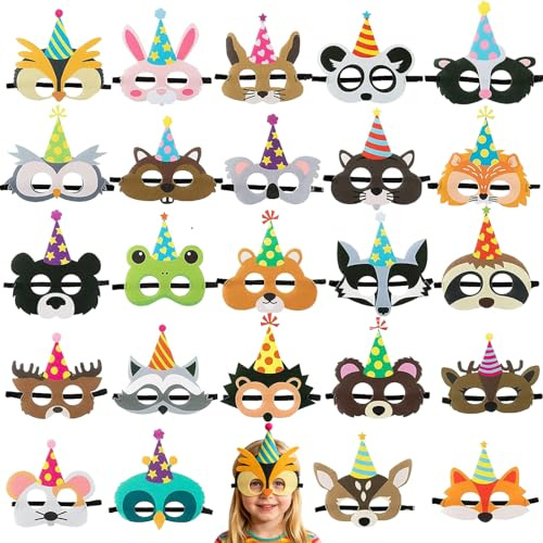 LUKIUP 24 Stücke Tiermasken Filz Masken, Partyzubehör, Safari Thema, für Karneval Halloween Ostern Party Maskerade Geburtstage Dschungel Thema Partyzubehör