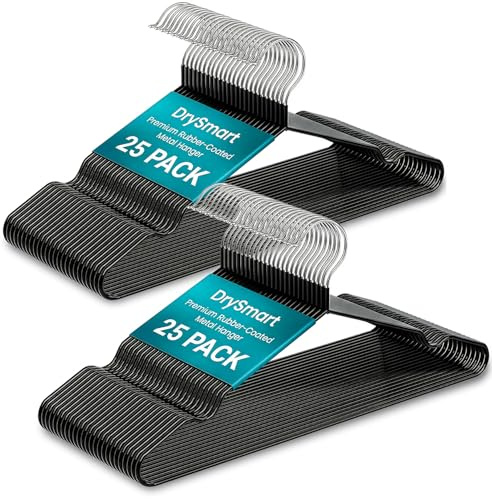 DrySmart 50 Pack Premium Rubber-Coated Metal Clothes Hangers – Heavy-Duty, Non-Slip, Space-Saving Coat Hangers for Adults, Ideal for Shirts, Suits, Jackets & Wardrobes (Black)