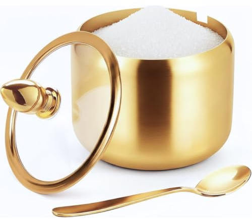 Zuckerdose 296ml Gold,Edelstahl Zuckerspender mit Deckel und Löffel