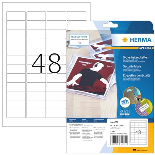 HERMA 4232 Sicherheitsetiketten gegen Manipulation, 25 Blatt, 45,7 x 21,2 mm, 48 pro A4 Bogen, 1200 Stück, selbstklebend, bedruckbar, matt, blanko Klebeetiketten Aufkleber aus Spezialfolie, weiß
