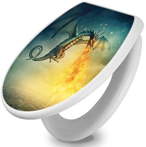 banjado Toilettendeckel mit Absenkautomatik 44,5x37cm / WC Brille Soft Close/hygienischer Toilettendeckel/Klodeckel Duroplast Edelstahl Scharniere einfache Montage/Motiv Drachen