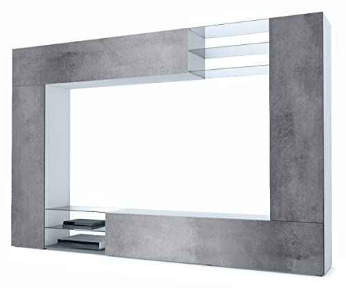 Vladon Wohnwand Mirage, Made in Germany, Anbauwand mit Rückwand mit 2 Türen, 2 Klappen und 6 offenen Glasablagen, Weiß matt/Beton Dunkel Optik (262 x 183 x 39 cm)