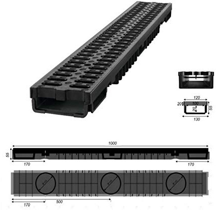 JeCo - Entwässerungsrinne Regenrinne Bodenrinne - Länge: 1 m/Höhe: 55 mm - Kunststoff 12,5 T (B125)