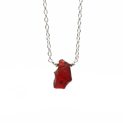 Collar colgante de cristales de granate rojo crudo de gemires, regalo de cumpleaños para ella, piedra cruda de 10 a 15 mm, cadena plateada ajustable de 16 + 2 pulgadas (granate rojo)
