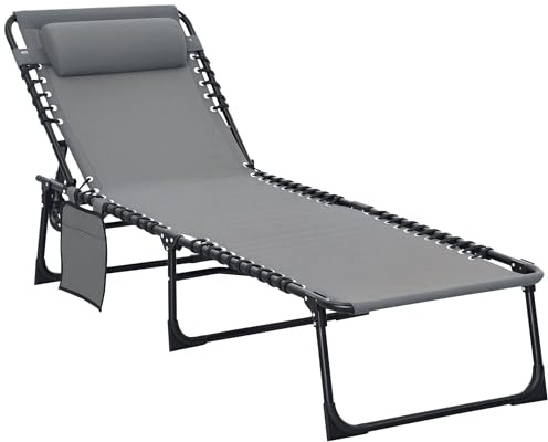 Outsunny Portable Sun Lounger Folding Camping Bed Cot Pillow Grey | Reclining Lounge Chair, 5-Position Adjustable Backrest, Side Pocket, Patio Garden Beach Pool