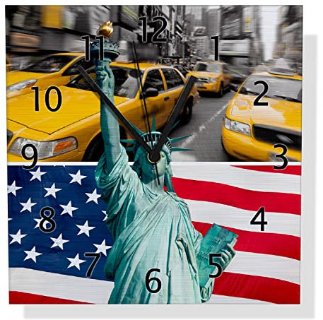 Wallario Design Wanduhr New York Collage aus Aluverbund, Alu-Uhr Größe 30 x 30 cm, Schwarze Zeiger mit Metalloptik