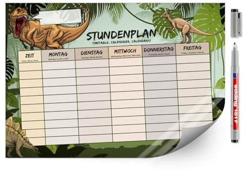 younikat Stundenplan abwischbar selbstklebend Dinosaurier - DIN A4 - dv486 | Wiederbeschreibbar, Digitaldruck, Whiteboard-Oberfläche, selbstklebende Rückseite, zum Schulanfang, inkl. Stift