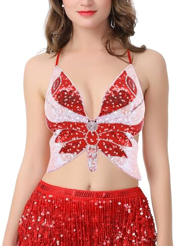 Naimo Damen Pailletten Schmetterling Crop Top Cami Sexy Neckholder Rückenfrei Tank Top Bauchtanz Kostüm Rave Party Outfits