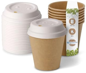 BIOZOYG Gobelets jetables biodégradables avec couvercle en carton I Gobelets en papier avec revêtement de peinture à base d'eau I 50 pièces café à emporter gobelets marrons non blanchi 150ml 6oz
