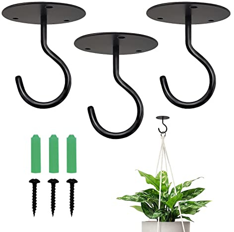 Ticway 3 Pcs Ceiling Hooks for Hanging Plants, Wall Mounted Planters Hooks for Outdoor Plants, Hanging Basket, Bird Feeders, Wind Chimes, String Lights, Lanterns (Black A1)