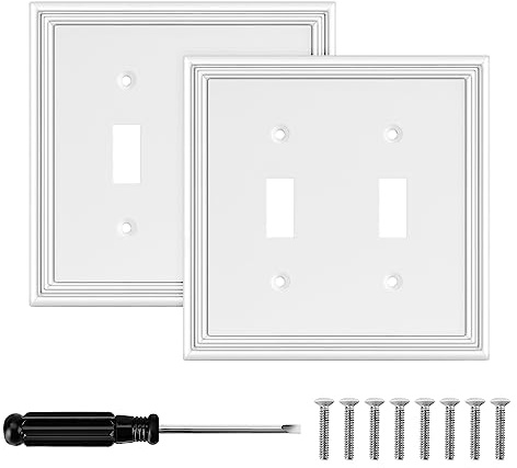 White Modern Decorative Wall Plate Light Switch Cover Decorator Outlet Covers Rocker Switch Plates Bamboo Fiber Material Wall Plates for Kitchen Bathroom (2 Gang Double Toggle-2 Pack)