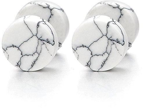 2 Herren Damen 8MM Weiß Marmor Ohrringe Ohrstecker Edelstahl Fake Plugs Ohr Cheater Tunnel Gauges Ohr-Piercing Edelstahl