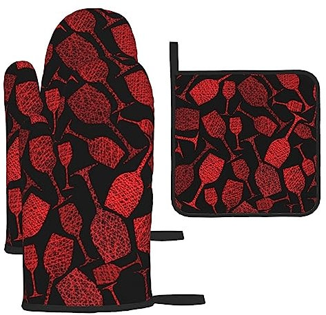 Oven Mitts and Pot Holders 3 pcs Kitchen Oven Gloves Wine Glasses Pattern Oven Mitt Heat Resistant Oven Glov with Lanyard Non-Slip Oven Mittens for Cooking Microwave