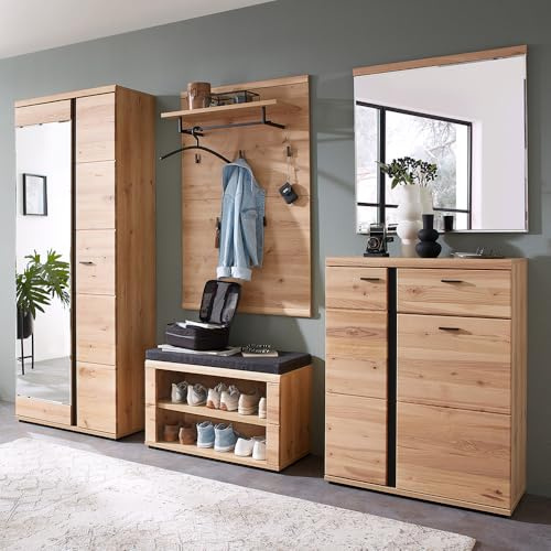 Lomadox Garderoben-Set mit Schuhbank und Spiegel in braun | Flurgarderobe aus Esche massiv im Modernen Stil