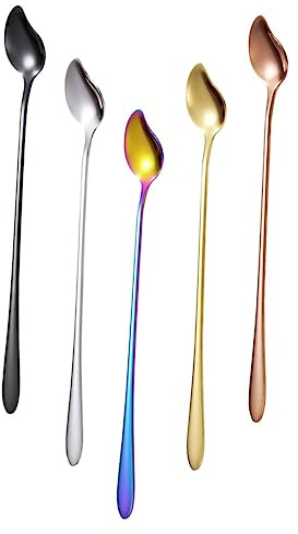 MAGICLULU Stainless Steel Coffee Spoons and Mixing Dessert Spoons 5pcs Set Long Handle Multi-Color Household Ice Cream for Hot and Cold Drinks