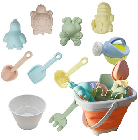 CHETOGIN Strandspielzeug Set für Kinder, Sandspielzeug Enthält mit Faltbarer Eimer Schaufel und Sandharke Spielzeug für Strand 11 Pcs Sandkasten Strand Spielzeug (orange)