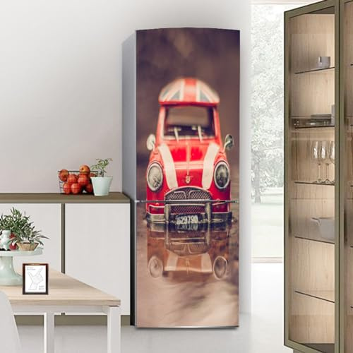 Targawerelax Pegatinas para refrigerador, Adhesivo para Nevera, Cubierta Completa para Puerta, Cubiertas para frigorífico Pared para calcomanía de Cocina, Coche Retro de Hierro Rojo Vintage