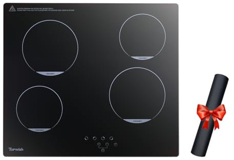 Topwish Piano cottura a induzione, 4 fuochi piano induzione con copertura piano cottura,fornello a induzione, sicurezza bambini, funzione boost,controllo touch,indicatore di calore residuo,timer, 59CM