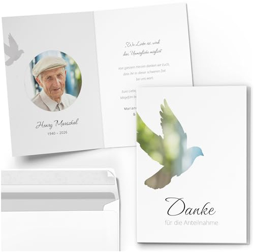 10 personalisierte Trauer Danksagungen Dankeskarten mit eigenem Text und Foto | Individuell anpassbare Danke Trauerkarten mit Briefumschlägen | Karten für die Anteinahme Taube