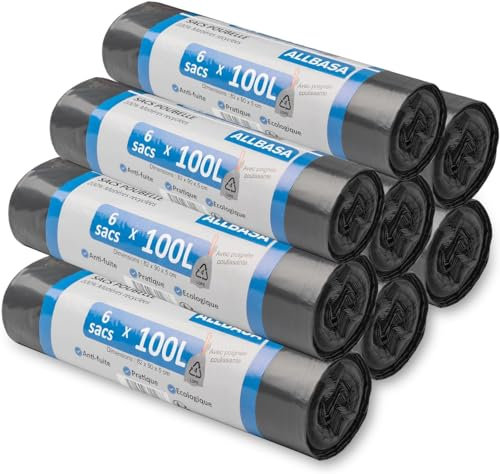ALLBASA Sac Poubelle ultra résistant, Sacs poubelle à poignées coulissantes,Sacs en Plastique Recyclés Étanchéité maximale (100L(8Paquet))