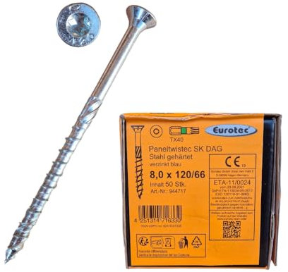 Vis ossature bois 8x120 mm - Vis charpente et assemblage bois - Eurotec Paneltwistec AG - Tête fraisée - Acier galva bleu et trempé - Torx TX40 - Boîte de 50 vis