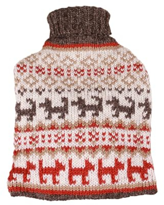 Pachamama Handgestrickter Wärmflaschenbezug und 2-Liter-Wärmflasche – Hunde-Spaziergangsmuster, handgefertigt, Fair-Trade, mehrfarbig