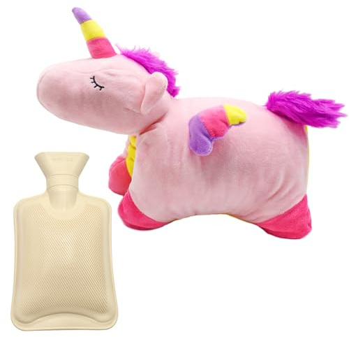 Cyiecweu Wärmflasche mit Bezug Fluffy Tier, 1L Abnehmbar und Waschbar Einhorn Wärmflasche Kuscheltier zur Behandlung von Schmerzen Fieber, Plüsch Handwärmer für Kinder, Unicorn Weihnachtsgeschenke